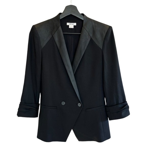 Helmut Lang Wool Leather Panel Blazer Black 2 Ruched Sleeves Contemporary Chic - Picture 1 of 6
